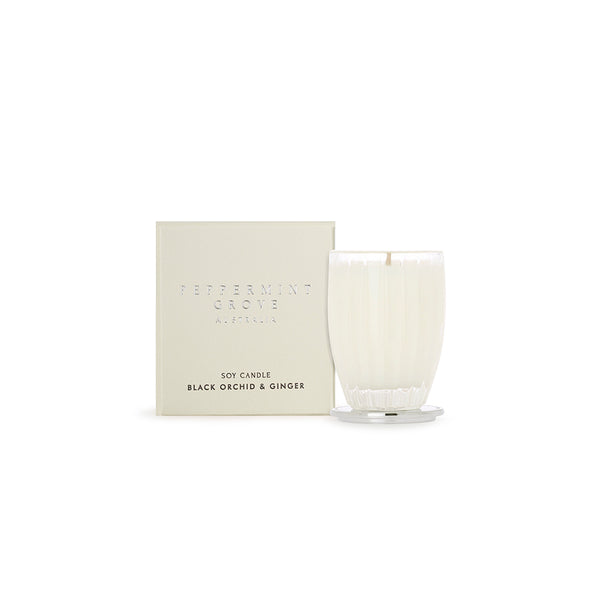 PEPPERMIBT GROVE BRAND CANDLE SOY WAX GLASS COASTER BLACK ORCHID AND GINGER