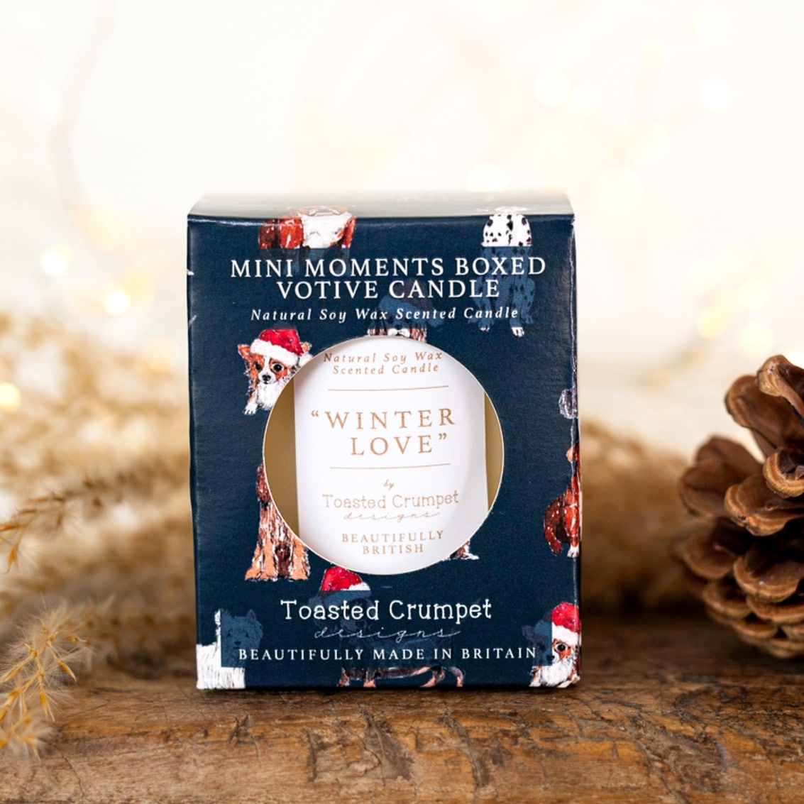 Toasted Crumpet Votive boxed candle -Christmas dogs