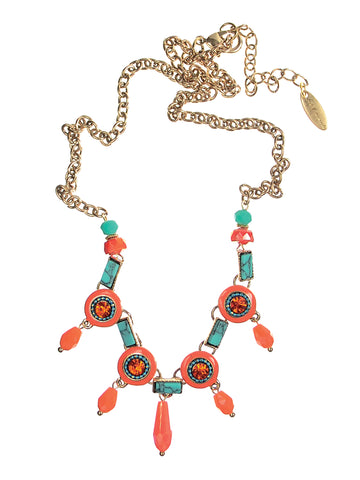 Gold, turquoise and coral necklace