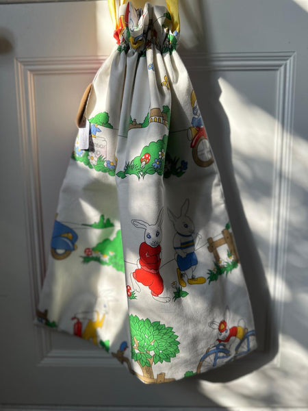 Hand made vintage bunny drawstring fabric bag