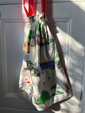 Hand made vintage bunny drawstring fabric bag