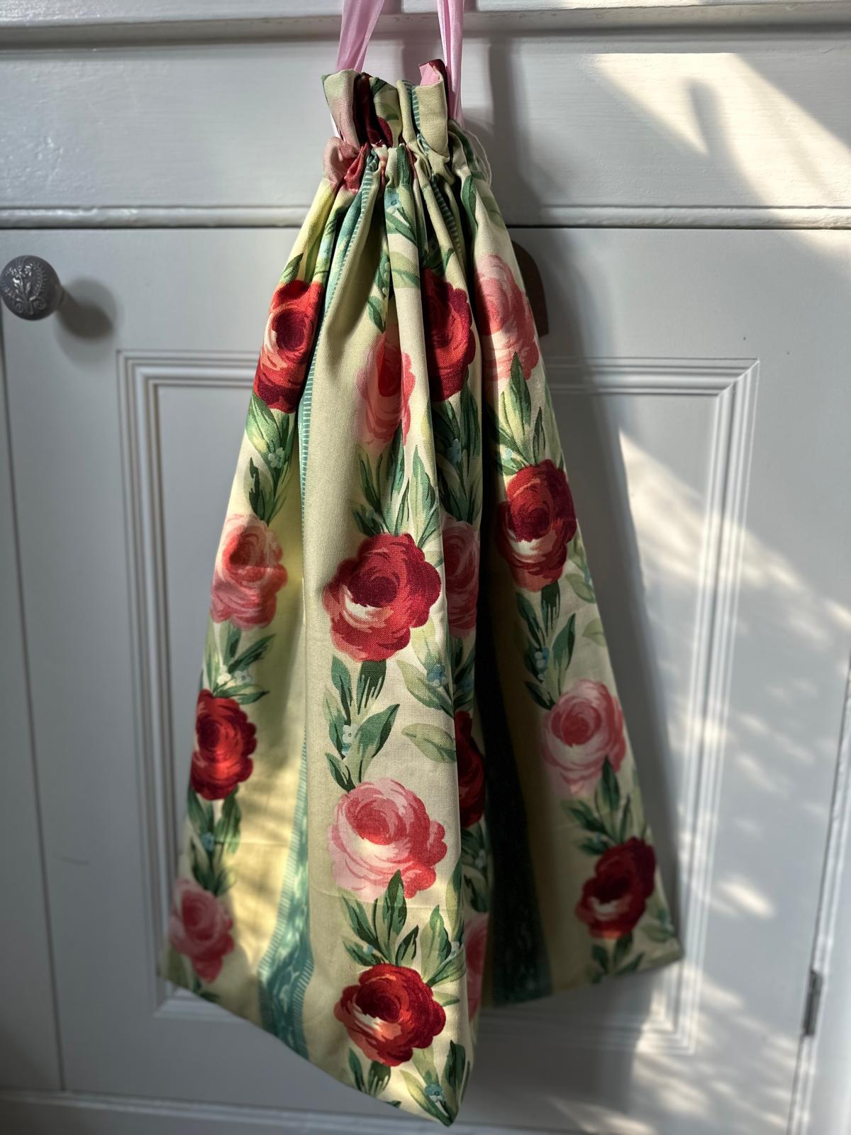 Hand made floral rose print drawstring bag