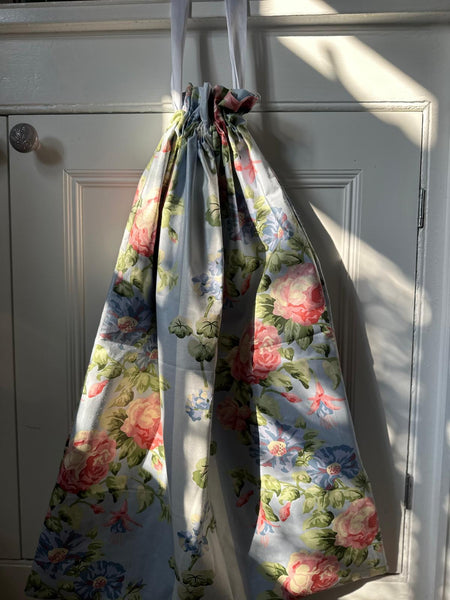 Hand made blue and pink floral drawstring bag