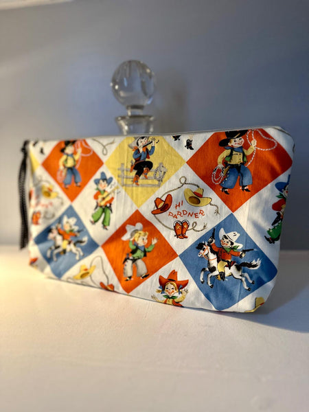 Handsewn cowboy/ girl fabric zipped bag