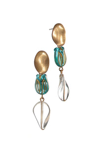 Gold ,teal and clear drop earrings