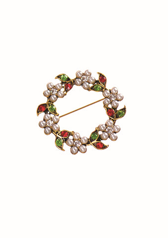 Hot Tomato Festive pearl wreath brooch