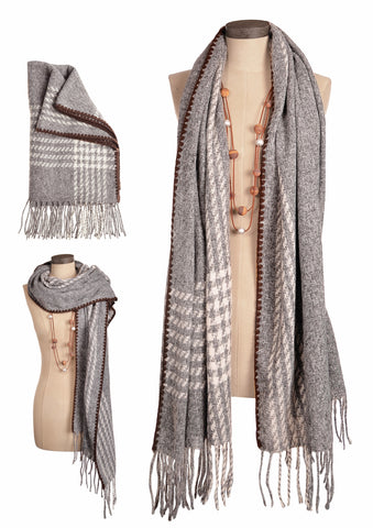 Blanket stitch  grey tones scarve with tassels