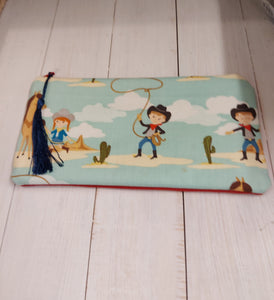 Hand sewn fully lined zip pouch " cowgirl & cowboy"
